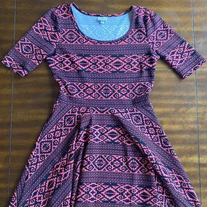LulaRoe Nicole Black and Coral Aztec Print Medium